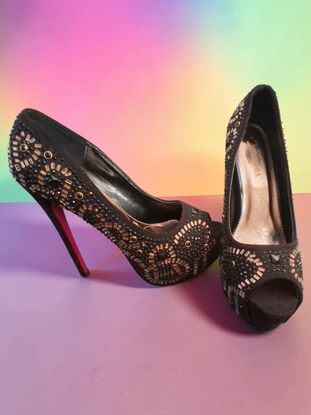 Lasonia Studded Black Peep-Toe Platform High Heels Women's Shoes Size 6 Sexy Hot